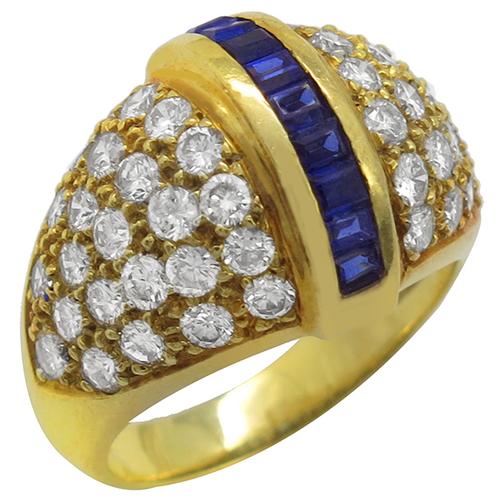 Round Cut Diamond Square  Cut Sapphire 14k Yellow Gold Ring