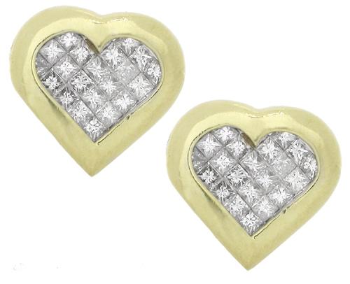 Princess Cut Diamond 18k Yellow Gold Heart Earrings