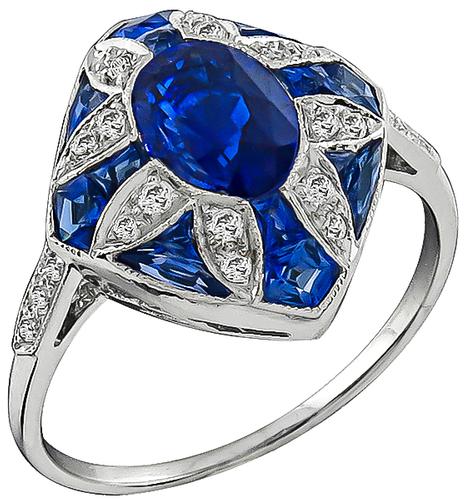 Oval and Faceted Cut Sapphire Round Cut Diamond 18k White Gold Ring