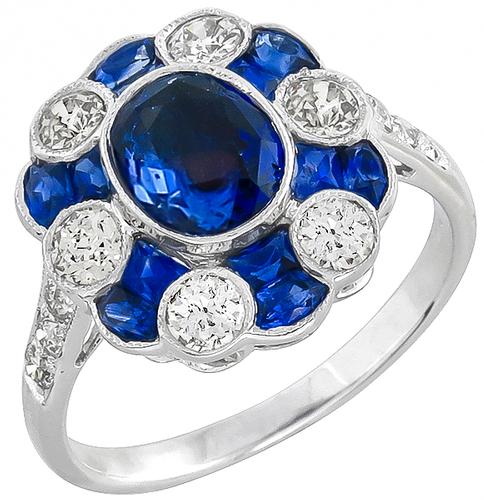 Oval and Faceted Cut Sapphire Old Mine Cut Diamond 18k White Gold Ring