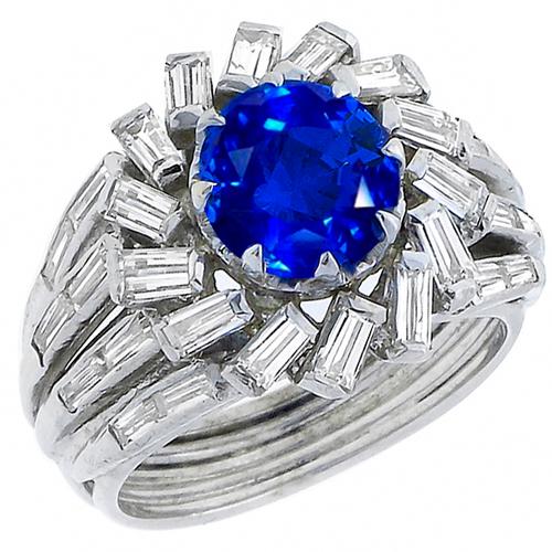 2.36ct  Round Cut Sapphire 0.90ct Straight Baguette Cut  Diamond 14k White Gold Ring