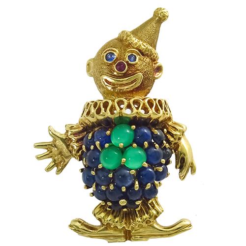 Cabochon  Sapphire & Chrysoprase Ruby  18k Yellow Gold Clown Pin