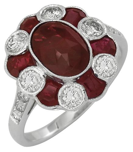 Oval and Trapezoid Cut Ruby 0.61ct Round Cut Diamond 18k White Gold Ring