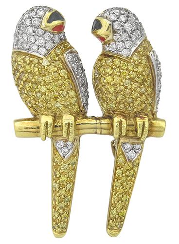 Round Cut Natural Fancy Yellow Diamond and White Diamond 18k Yellow and White Gold Bird Pin