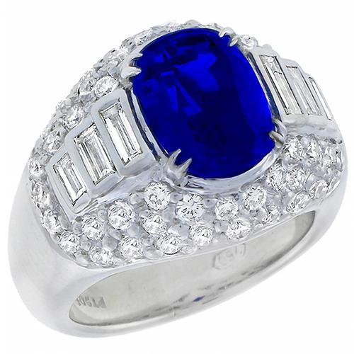 3.11ct Cushion Cut Ceylon Sapphire 2.10ct  Baguette & Round Cut Diamond Platinum Ring 