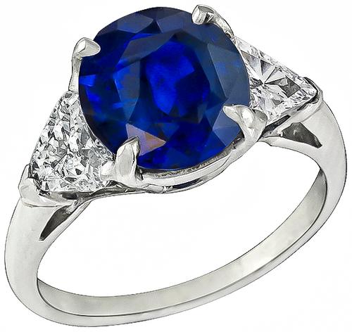 Cushion Cut Ceylon Sapphire Trilliant Cut Diamond Platinum Engagement Ring 