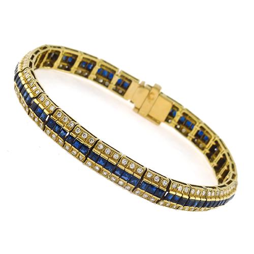 3.60ct Square Cut  Sapphire 2.70ct Round Cut Diamond 14k Yellow Gold Bracelet 