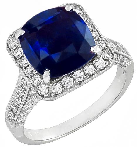 Cushion Cut Ceylon Sapphire  Round Cut Diamond 18k White Gold Engagement Ring