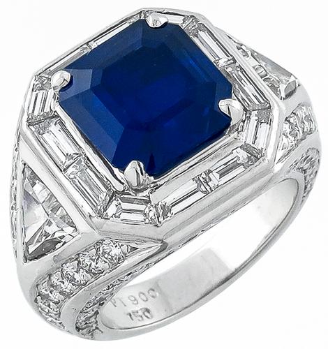 Asscher Cut Ceylon Sapphire Trilliant Round and Baguette Cut Diamond 18k White Gold and Platinum Ring