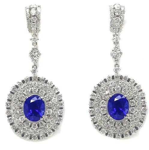 Oval Cut Ceylon Sapphire Round Cut Diamond 18k White Gold Earrings