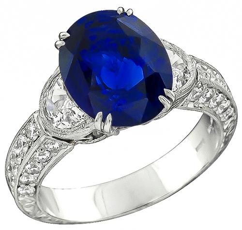 Oval Cut Ceylon Sapphire Half Moon and Round Cut Platinum Engagement Ring