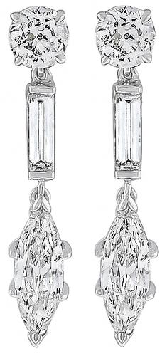 Round Baguette and Marquise Cut Diamond 14k White Gold Earrings