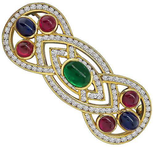 Cabochon Emerald Ruby and Sapphire Round Cut Diamond 18k Gold Pin