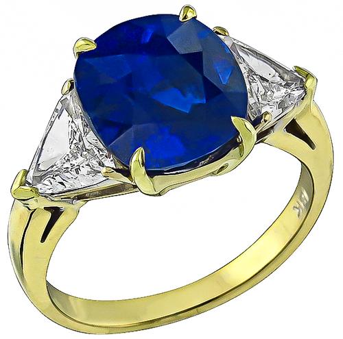 Cushion Cut Ceylon Sapphire Trilliant Cut Diamond 18k Yellow Gold Engagement Ring