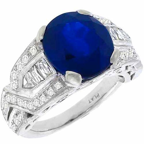 Estate 5.55ct Oval  Cut  Sapphire 0.60ct Round & French Cut Baguette & Triangle   Cut Diamond Platinum  Ring 