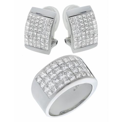 Princess Cut Diamond 18k White Gold Ring and Earrings Set