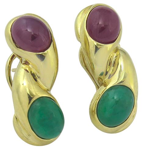 Cabochon Ruby and Emerald 14k Yellow Gold Earrings