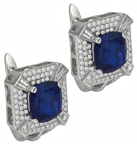 Cushion Cut Sapphire Round Cut Diamond 18k White Gold Earrings