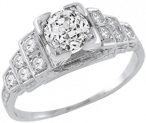 Art Deco Round Cut Diamond 18k White Gold Engagement Ring