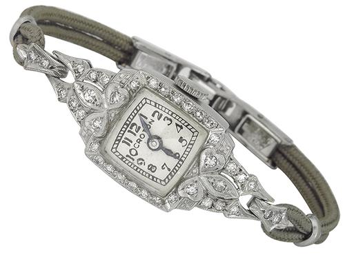 Art Deco Round Cut Diamond Platinum Croton Watch