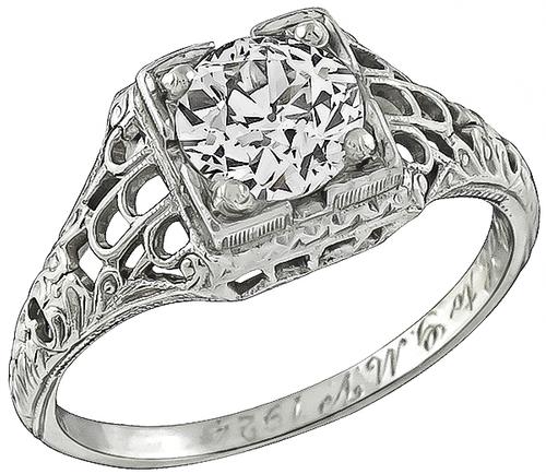 Edwardian Old Mine Cut Diamond 19k White Gold Engagement Ring