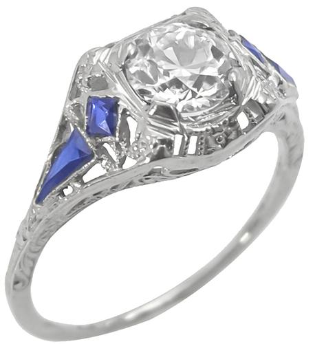 GIA Certified Art Deco 0.85ct Round Brilliant Diamond Sapphire 18k White Gold Engagement Ring