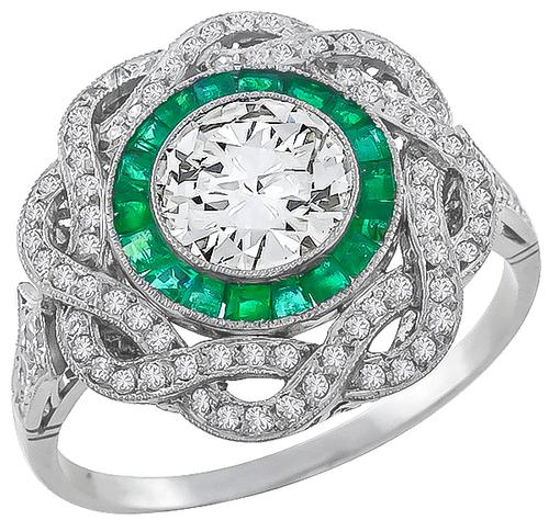 Art Deco 0.95ct  Old Mine Diamond Emerald Platinum  Engagement Ring