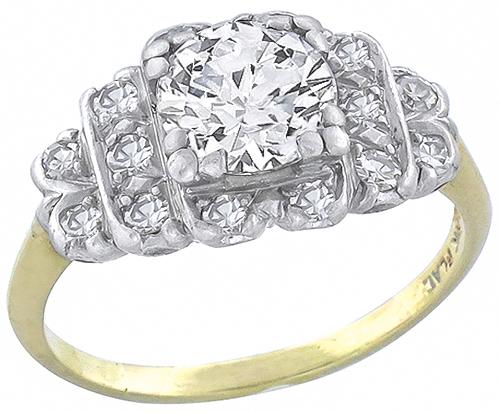 Art Deco Round Brilliant Cut Diamond 14k Yellow Gold Platinum Engagement Ring