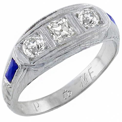 Art Deco  1.00ct Cushion & Round Cut  Diamond Faceted  Baguette Cut Sapphire 18k White Gold Anniversary Ring