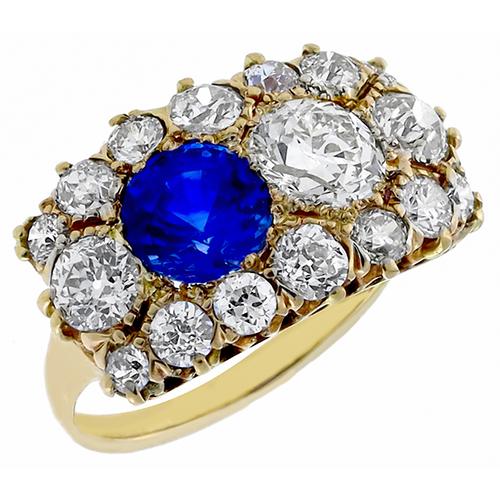 Estate 1.52ct Round Cut Ceylon   Sapphire 0.84ct Old Mine  Diamond 14k Yellow Gold Ring 