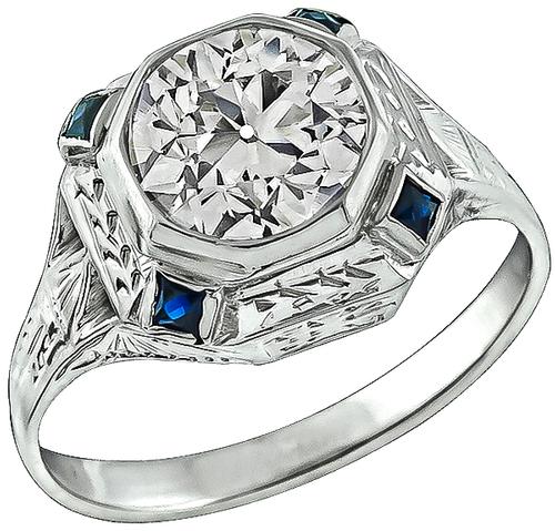 Art Deco Old Mine Cut Diamond Sapphire 14k White Gold Engagement Ring