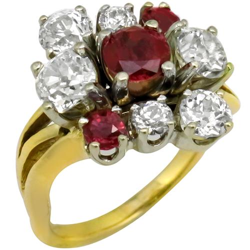 Estate Old Mine Cut  Diamond Round Cut  Ruby 14k Yellow & White Gold Ring