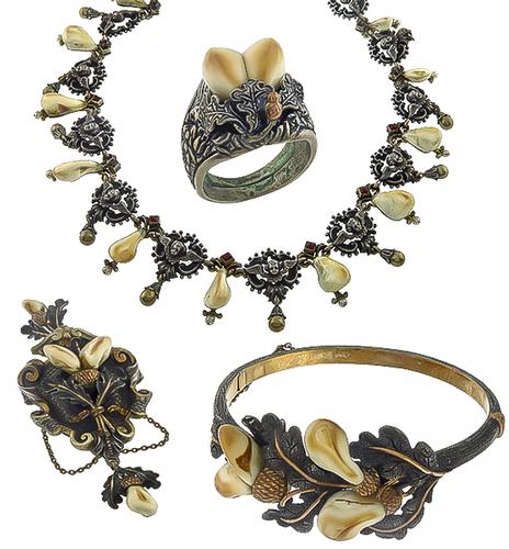 1800s Silver and Gold Elk's Ivory Jewelry Set