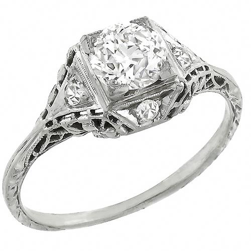 Art Deco GIA Certified 0.83ct Old European  Brilliant Diamond 18k White Gold Engagement Ring 