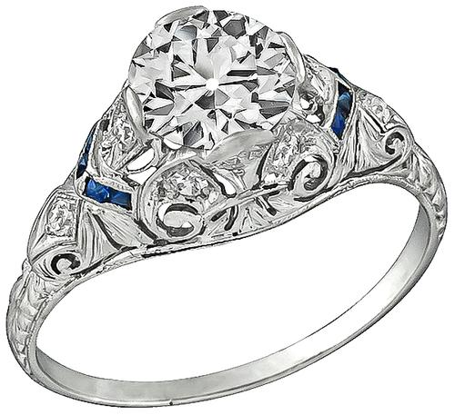 Art Deco Old European Cut Diamond Sapphire Platinum Engagement Ring