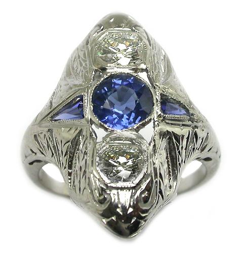 Art Deco Sapphire & Diamond 18k White Gold Ring