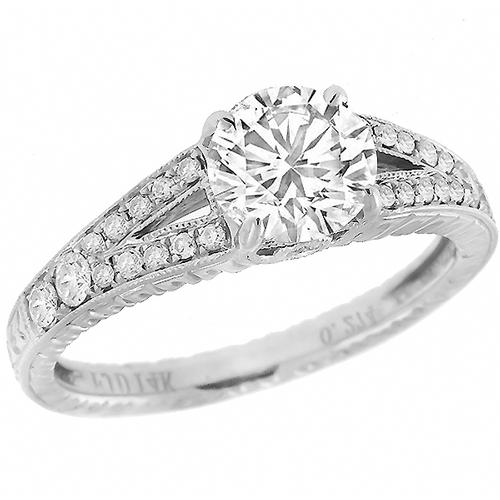 Edwardian Style GIA Certified 1.02ct Round Brilliant  Diamond 14k White Gold Engagement Ring 