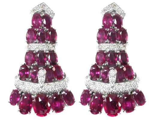 Art Deco Style Oval Cut Ruby Round Cut Diamond 18k White Gold Earrings