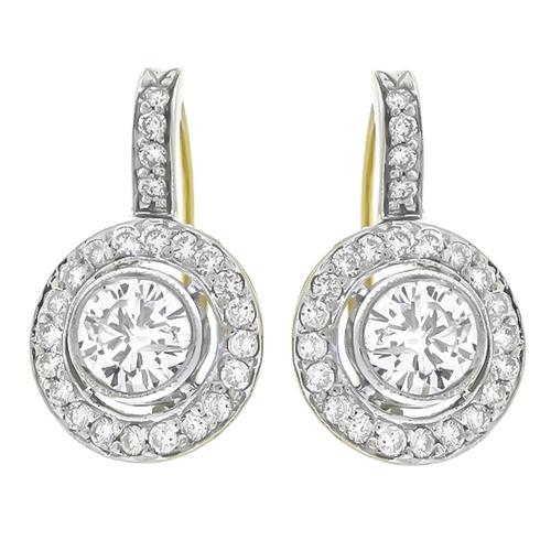 Edwardian Style 1.55ct Round  Cut Diamond  18k White & Yellow Gold Earrings