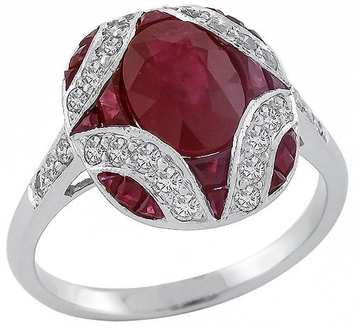 Art Deco Style Oval and Faceted Cut Ruby Round Cut Diamond 18k White Gold Ring