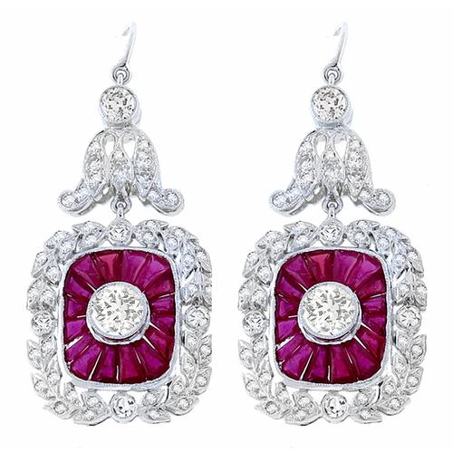 Art Deco Style 2.72ct Old Mine & Round Cut Diamond & 2.92ct Faceted Cut Ruby 18k White Gold Earrings 