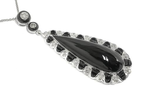 Art Deco Style Pear and Faceted Cut Onyx Round Cut Diamond 18k White Gold Pendant