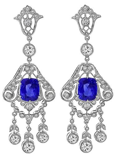 Art Deco Style Cushion Cut Ceylon Sapphire Round Cut Diamond 18k White Gold Earrings