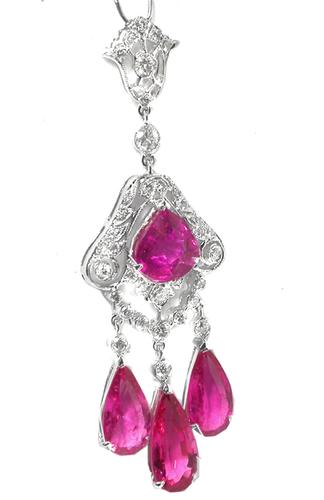 Edwardian Style Pear Shape Tourmaline Round Cut Diamond 18k White Gold Pendant