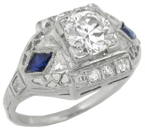 Art Deco 0.60ct Diamond Sapphire 14k White Gold Engagement Ring