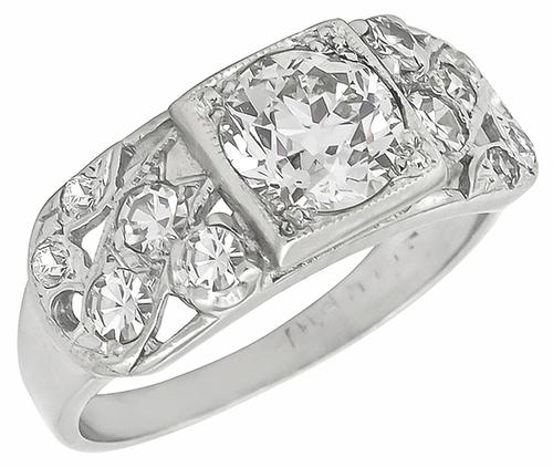 Vintage 0.85ct Old European Cut Diamond 0.40ct Round Cut Diamond 14k White Gold Engagement Ring