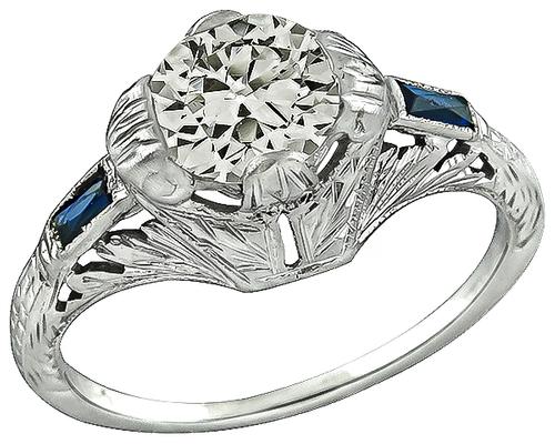 Vintage Old Mine Cut Diamond Sapphire 18k White Gold Engagement Ring