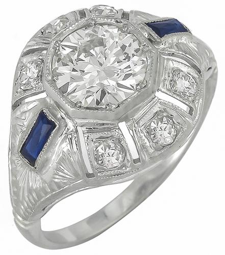 Vintage 0.98ct Old European Cut Diamond Sapphire 18k White Gold Engagement Ring 