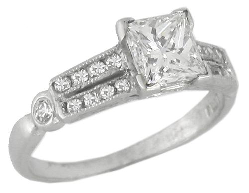 Art Deco 1.01ct Princess Cut Diamond  and 0.30ct Round Cut Diamond Platinum Engagement Ring