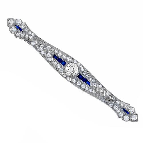 Antique 1.41ct Old Mine Cut Center & 2.50ct Smaller Old Mine Cut Diamond & Faceted Cut Sapphire Platinum Pin 